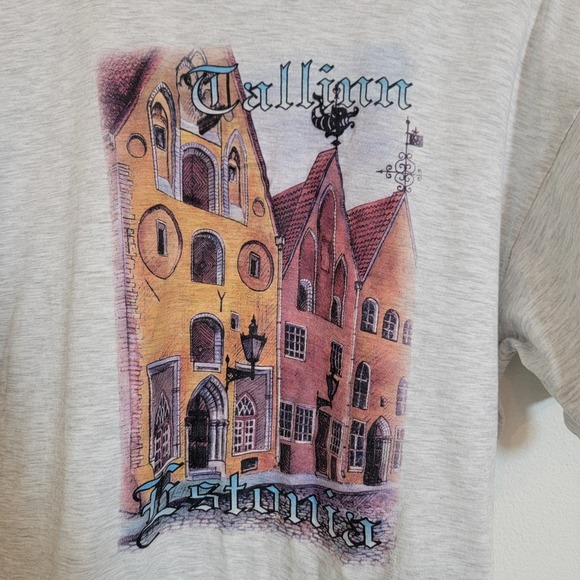 VTG Single Stitch 90s Graphic Shirt XL Crew Short Sleeve Gray Tallinn Estonia - Picture 3 of 13